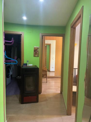 a living room with green walls and a fireplace at Plazacuervo in Pancorbo