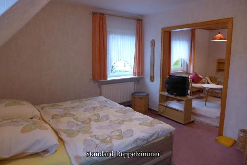 a bedroom with a bed and a tv in it at Pension Haus Linden in Winterberg