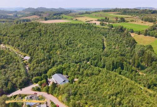 an aerial view of a forest with a house and a river at Zuhause Am Wald in Brilon