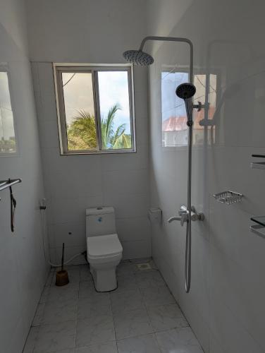 a white bathroom with a toilet and a window at Nisandra Beach Hotel in Nungwi