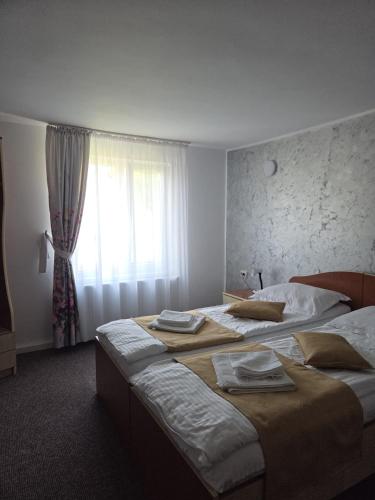 a bedroom with two beds and a window at Pensiunea Sanlex in Bicaz