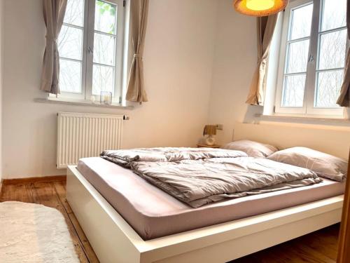 a bed in a bedroom with two windows at Idyllische Auszeit am Waldrand in Weiler