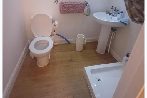 a bathroom with a toilet and a sink at Inviting 1-Bed Cottage in Pontypridd in Pontypridd