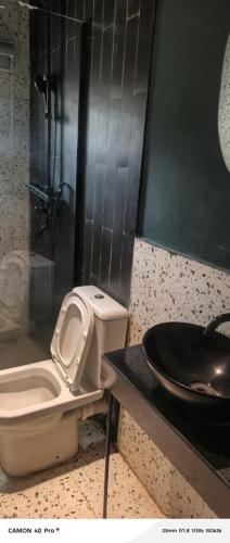 a bathroom with a toilet and a sink at SeaLord Resort in Abuja