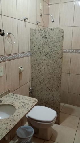a bathroom with a shower and a toilet and a sink at Primeiro Hotel in Ilha Solteira