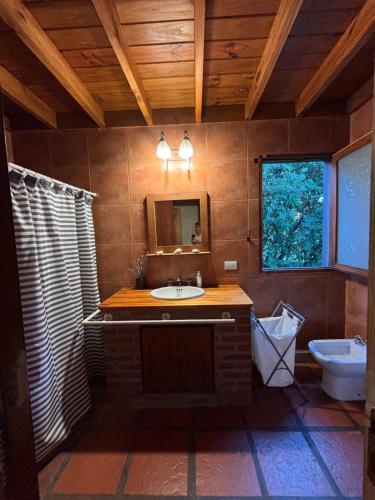 a bathroom with a sink and a mirror and a toilet at Quinta Ecuador Tandil in Tandil