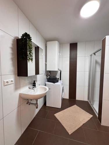a white bathroom with a sink and a sink at Apartment Sophia in Rangersdorf