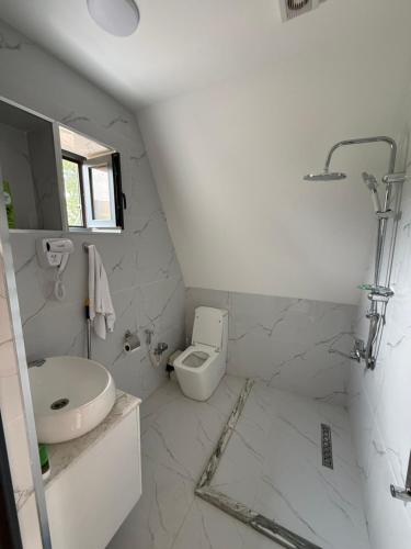 a white bathroom with a sink and a toilet at Green zone Aframe in Qusar