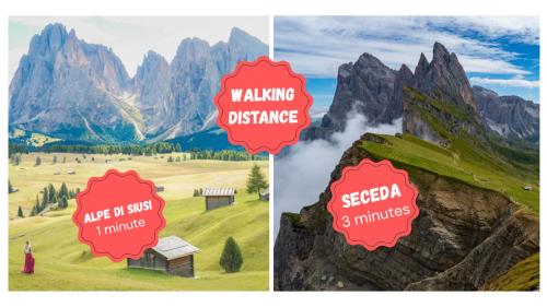 two pictures of a mountain with a sign that reads valley difference and a house at Hotel COSMEA - Your Dolomites & Honeymoon experience in Ortisei