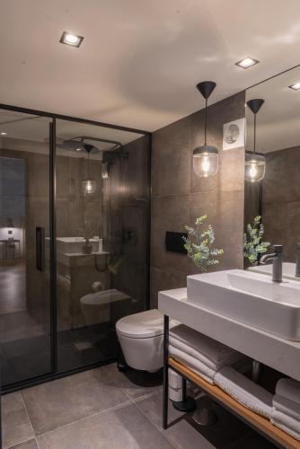 a bathroom with a toilet and a sink and a shower at Nôma Living Avenida 60 in Aveiro