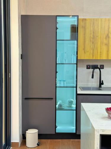 a kitchen with a glass refrigerator with dishes in it at Roses Villa at Elysium Home in Dodoma