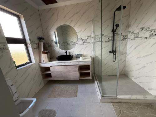 a bathroom with a shower and a sink and a mirror at VR Villa in Trou d'Eau Douce