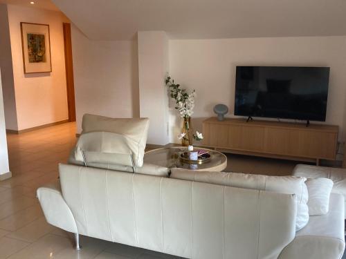 a living room with a white couch and a flat screen tv at Allegra am Niederrhein in Neukirchen-Vluyn