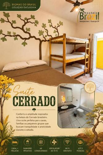 a flyer for a hotel room with a bed and a tree mural at Pousada Hostel Brazil Backpackers in Guarujá