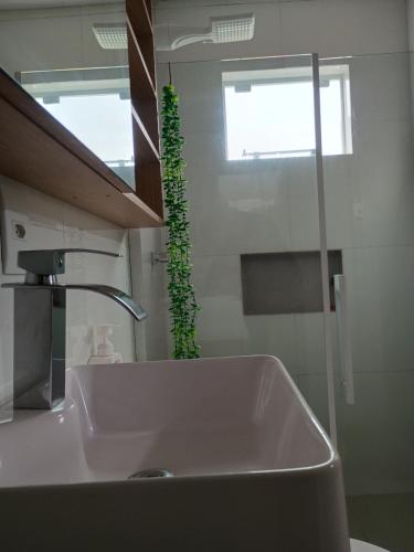 a bathroom sink with a green plant on the wall at Quarto suíte privativo acesso independente in Genuino Sampaio