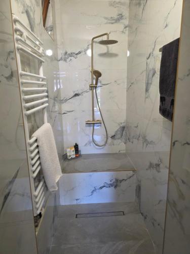 a bathroom with a shower with white marble at Riverside Residence Apartment in Travnik
