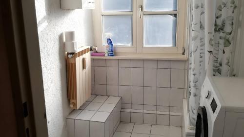 a small bathroom with a window and a shower at Haus Lindheim in Altenstadt