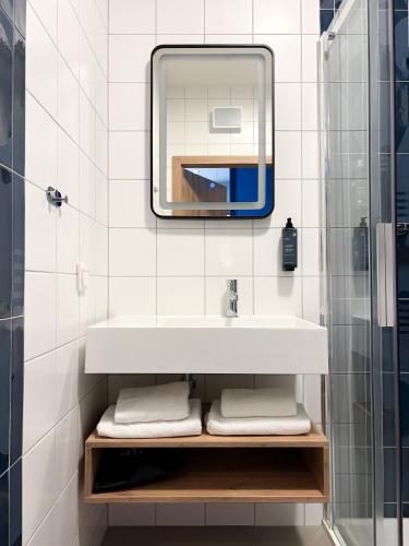 a bathroom with a sink and a mirror at Cobalt36 in Bolesławiec