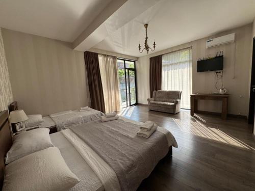 a bedroom with two beds and a television in it at Borjomi Central in Borjomi