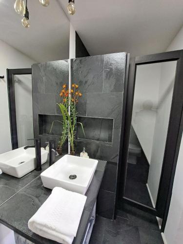 a bathroom with a sink and a mirror at 4 Rest in a warm and comfortable loft in Coihaique