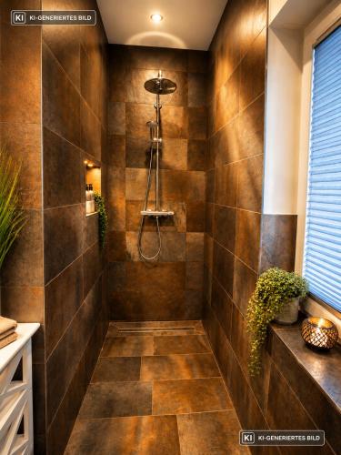 a bathroom with a shower with brown tiles at Eastside Braunlage in Braunlage