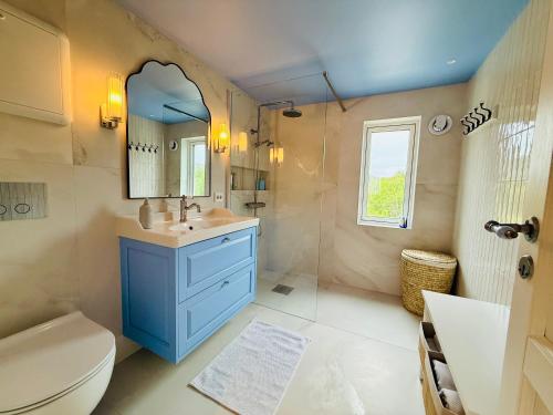 a bathroom with a sink and a toilet and a mirror at Brensholmen Beach House in Tromsø