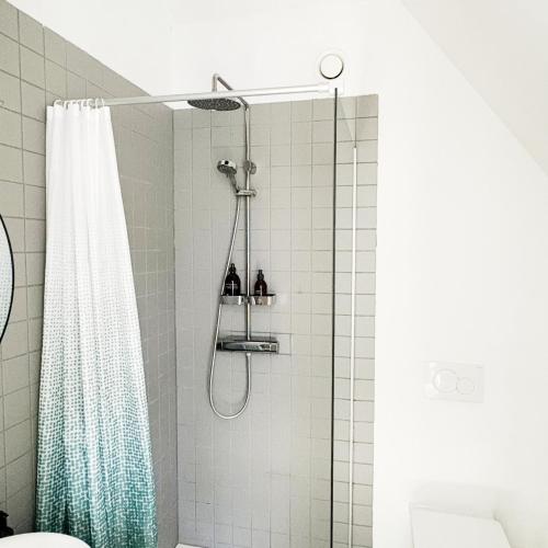 a shower in a bathroom with a shower curtain at De Watermolen in Ninove