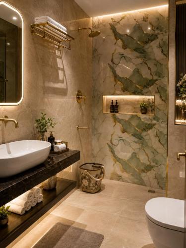 a bathroom with a sink and a toilet and a shower at Yu Hotel in Kānpur