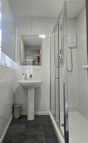 a white bathroom with a sink and a shower at Riverside 2 in Dartmouth