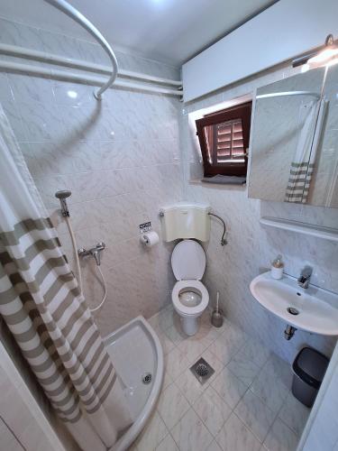 a bathroom with a toilet and a sink at Apartment Burja with Olive Grove & Salt Pans View in Portorož
