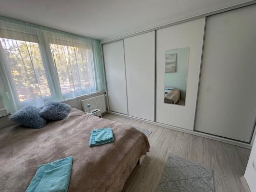 a bedroom with a large bed and a large mirror at MiLu Apartman in Győr