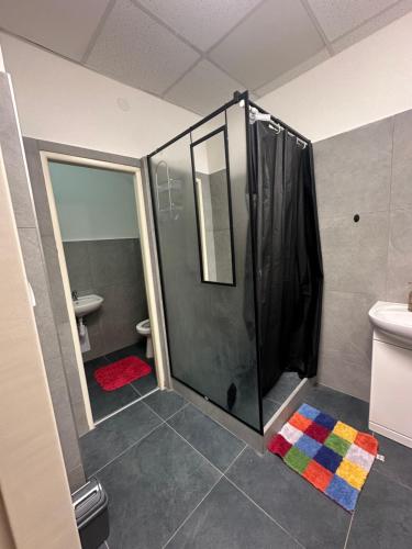 a bathroom with a shower with a sink and a toilet at APARTMÁN CENTRUM Palackého in Trenčín
