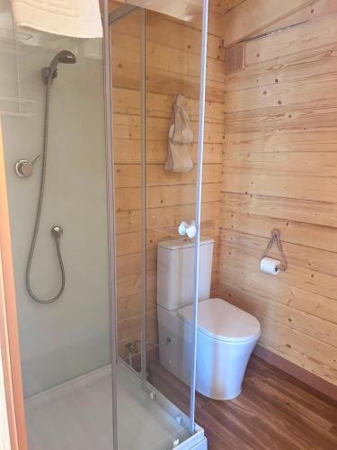 a shower stall in a bathroom with a toilet at La Hospedería Del Silencio in Robledillo de la Vera