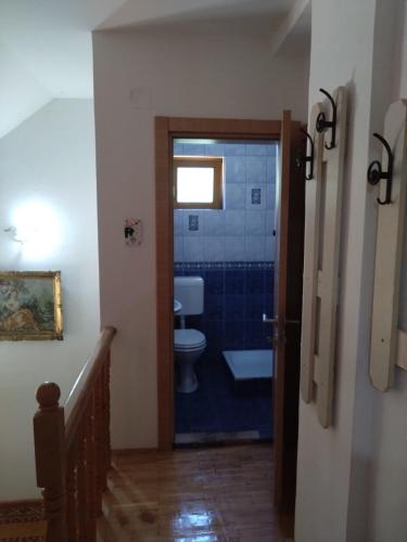 a bathroom with a toilet in a room with a door at Entire Villa or Rooms! Spacious Villa in Nizepole Hiking, Peace, Private Events in Bitola