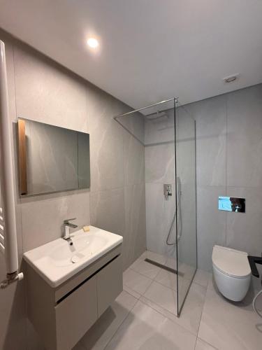 a bathroom with a shower and a sink and a toilet at عين زغوان in La Marsa