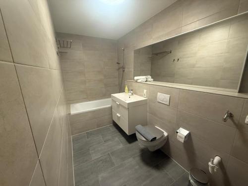 a bathroom with a toilet and a sink and a tub at Maxim City Apartment in Mainz