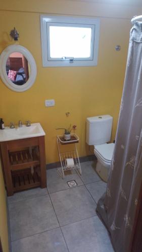 a bathroom with a toilet and a sink and a window at Amapolas monoambiente in El Bolsón