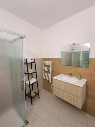 ein Badezimmer mit Waschbecken und Spiegel in der Unterkunft Nerucci 3 in Castel del Piano