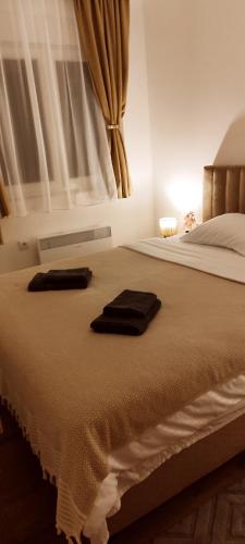 a bedroom with a bed with two towels on it at Emperus Taša spa apartman in Veliko Gradište