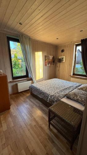 a bedroom with a bed and two windows at На Видземском взморье Калнгале in Kalngale