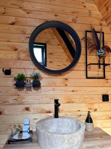 a bathroom with a sink and a mirror on a wooden wall at Dilek Alagöz in Sapanca
