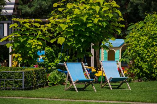 two chairs sitting in the grass under a tree at Villa Mare Apartamenty in Grzybowo