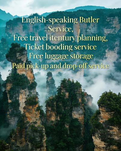 a picture of a mountain with the words english speaking buffet service free travel incentive planning at Shenzhoujie International Hotel-3min to Forest Park East Gate&Tickets reserve-Personal Itinerary service- Shuttle service in Zhangjiajie