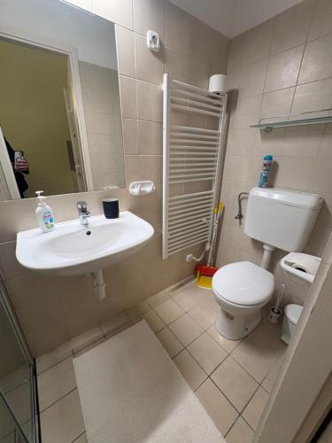 a bathroom with a white sink and a toilet at CentrÁlom Apartman in Pécs