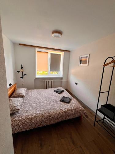 ein Schlafzimmer mit einem Bett und einem Fenster in der Unterkunft Kalmāri in Kolka