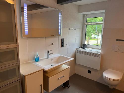 a bathroom with a sink and a toilet at Ferienwohnung Sonnentau 1 in Holzminden