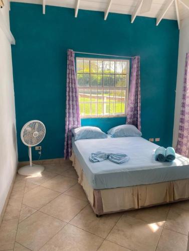 a bedroom with a bed with a window and a fan at Pondbottom Apartments Hotel in Saint James