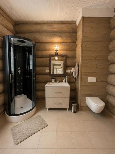 a bathroom with a shower and a sink and a toilet at Private lakeside holiday house with fireplace, sauna, hot tub - Ezernams Dzintars in Valdemārpils