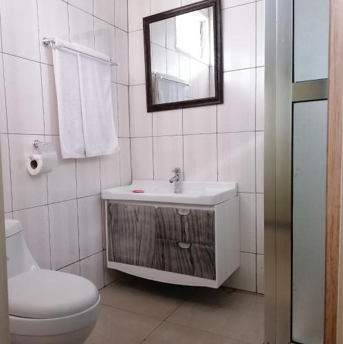 a bathroom with a sink and a toilet and a mirror at Royal Gibson Hotel in Kitwe