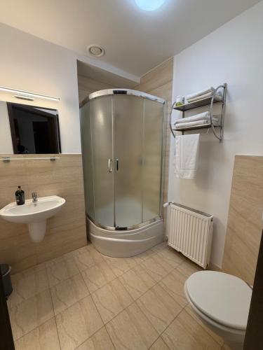 a bathroom with a shower and a toilet and a sink at Arkadia Gościniec-klima,parking,ogród in Opole